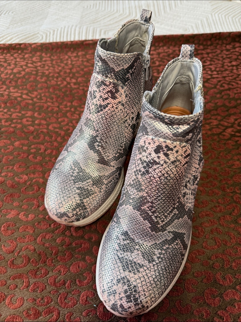 BareTraps Pink metallic Snake-Print Ankle Booties 6.5